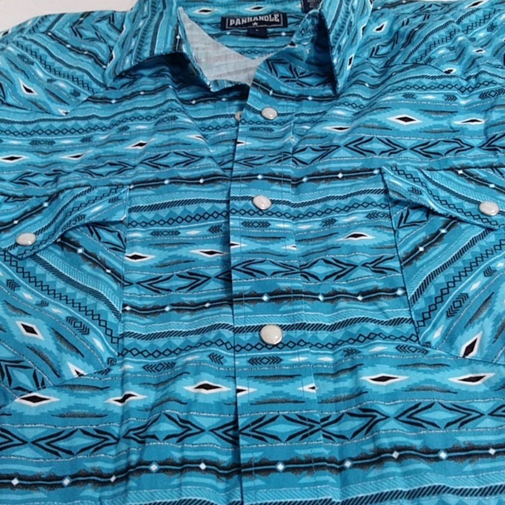Panhandle Slim Men's Blue & Black Aztec Pearl Snap Button Long Sleeve Shirt - Picture 4 of 6